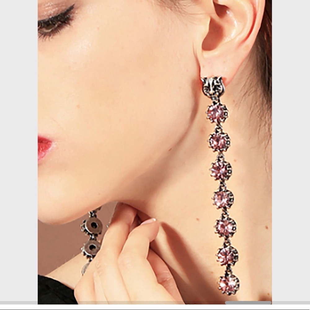 Pink Topaz Shoulder Length Dangle Earrings w/Seven Individual Large Size Stones